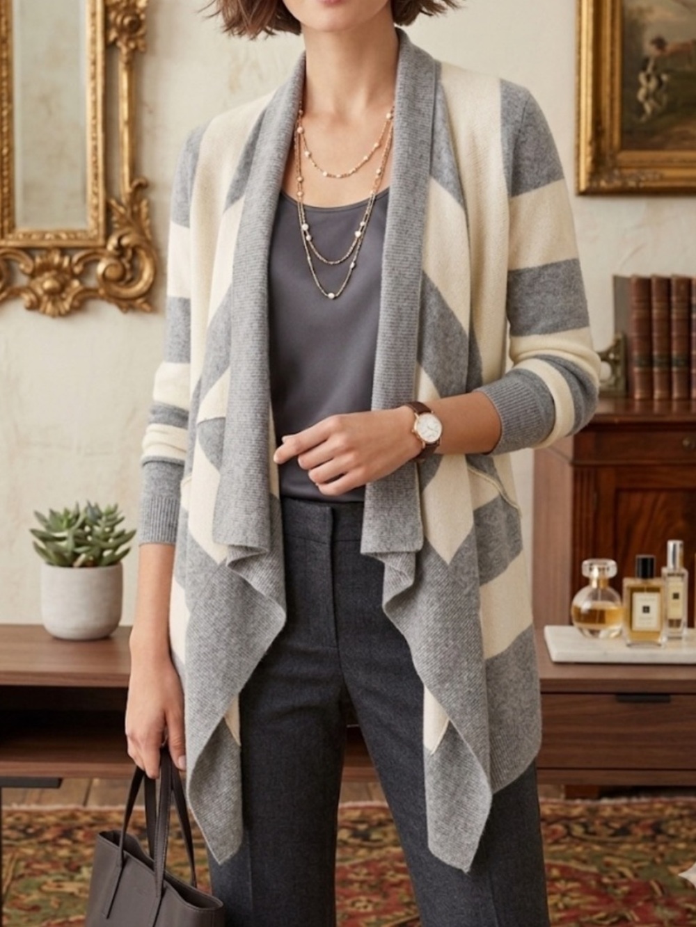 Garnet Hill 100% Cashmere Open Front Draped Cardigan Sweater Gray Cream M/L